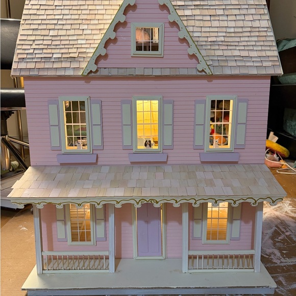 Other - Pink Vintage-Style Wooden Dollhouse with Pale Accents